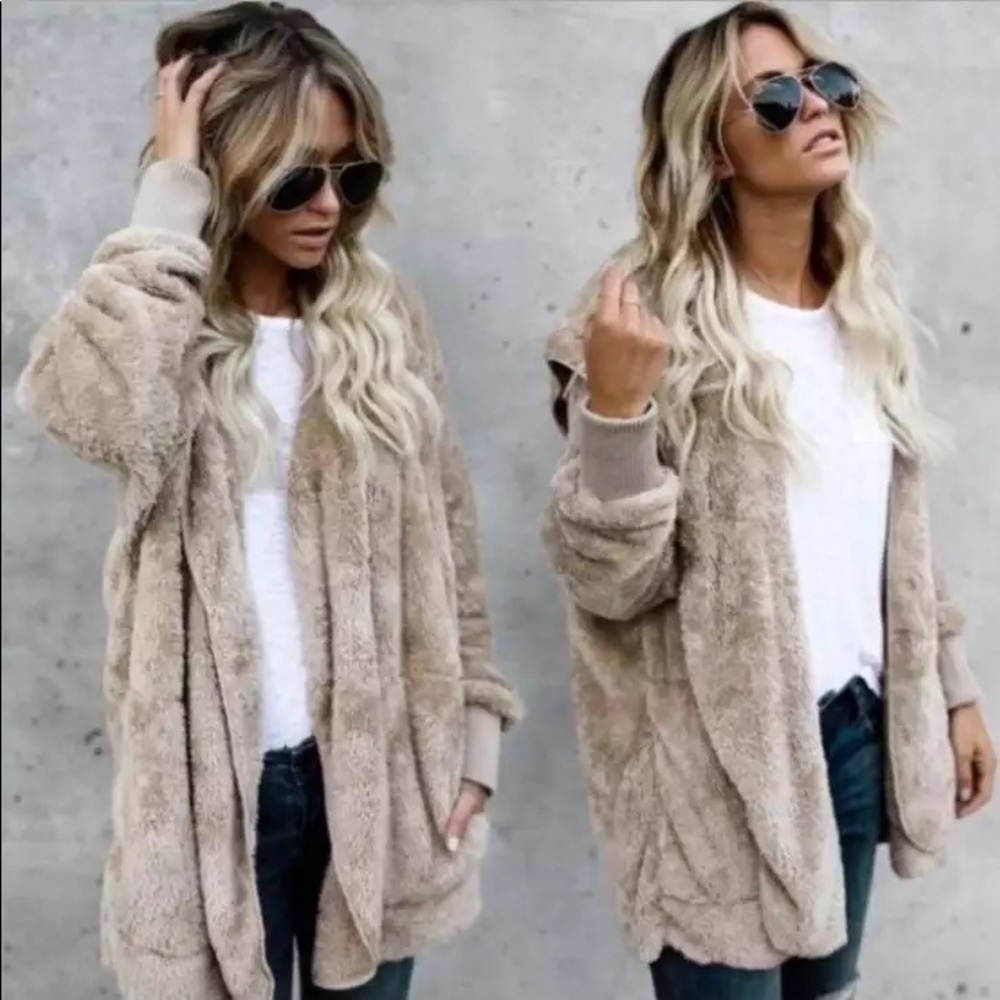 Tan Super Soft Cozy Pocket Hood Sherpa Lightweight Fleece Teddy Cardigan Coat - Picture 8 of 11